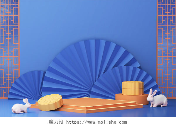 蓝色古风3D立体中秋节中式复古月饼通用立体背景中秋节立体创意图